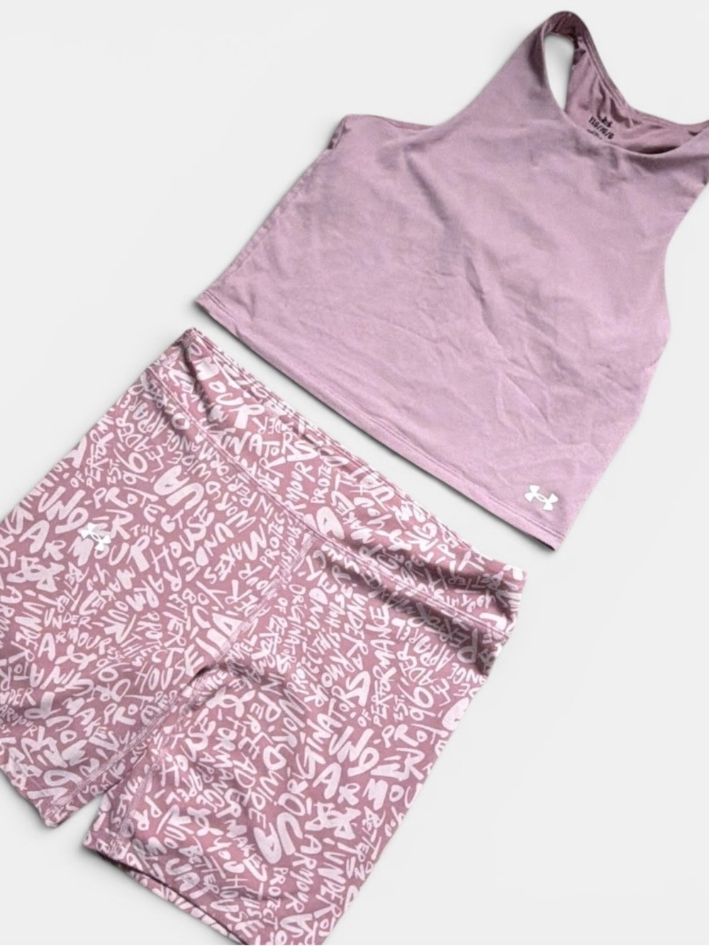 Under Armour Girls YLG Tank Top & Biker Shorts Set Pink Athletic Outfit 2 Pc
